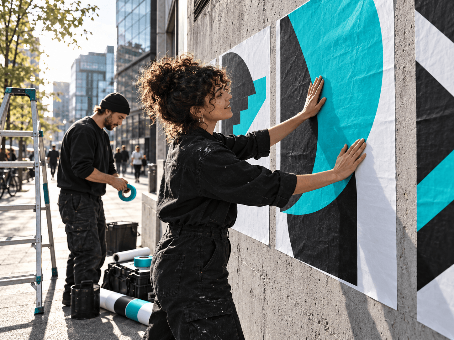 Billboard i reklama outdoorowa: specjaliści wyklejający plakat OOH w kampanii agencji marketingowej.